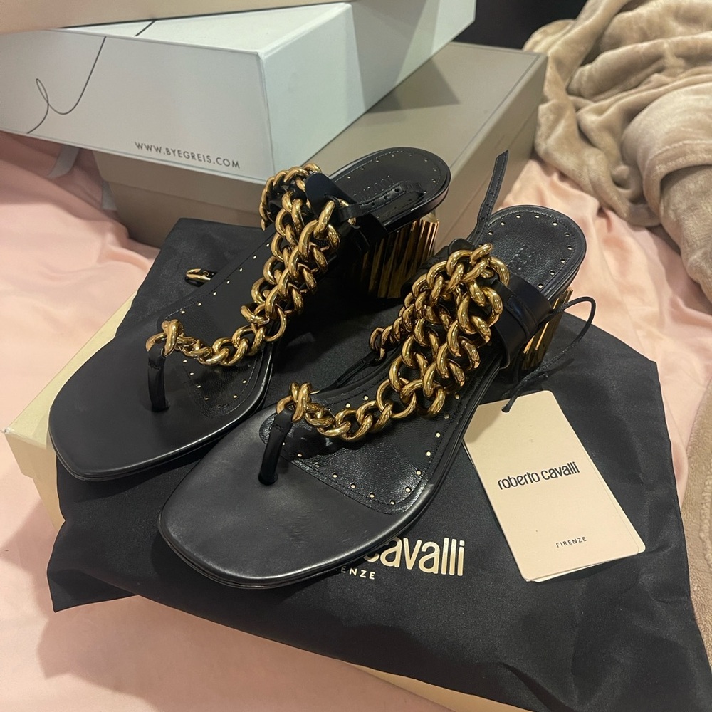 Black and Gold Leather Sandals